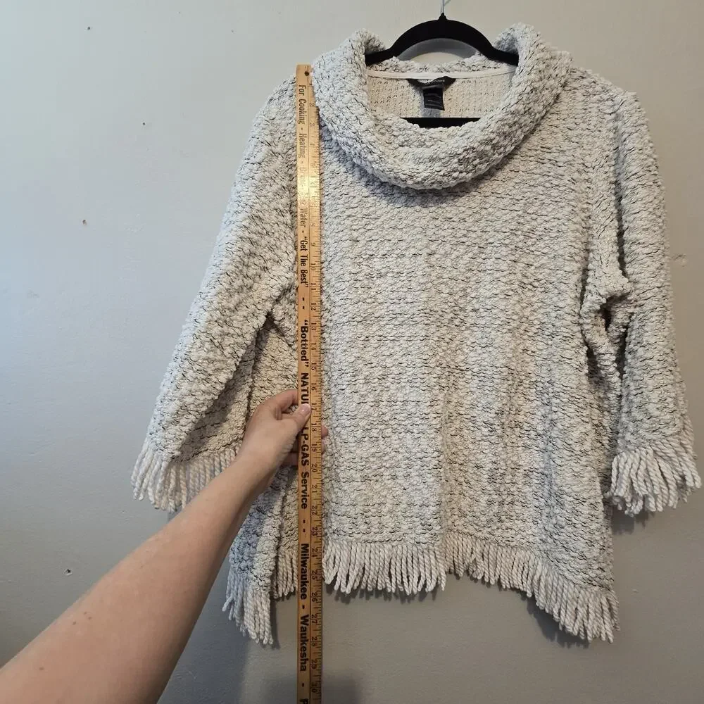 Ali Miles Cowl Neck Boucle Tunic Top Womens 1X Off White Chunky Fringe Lagenlook